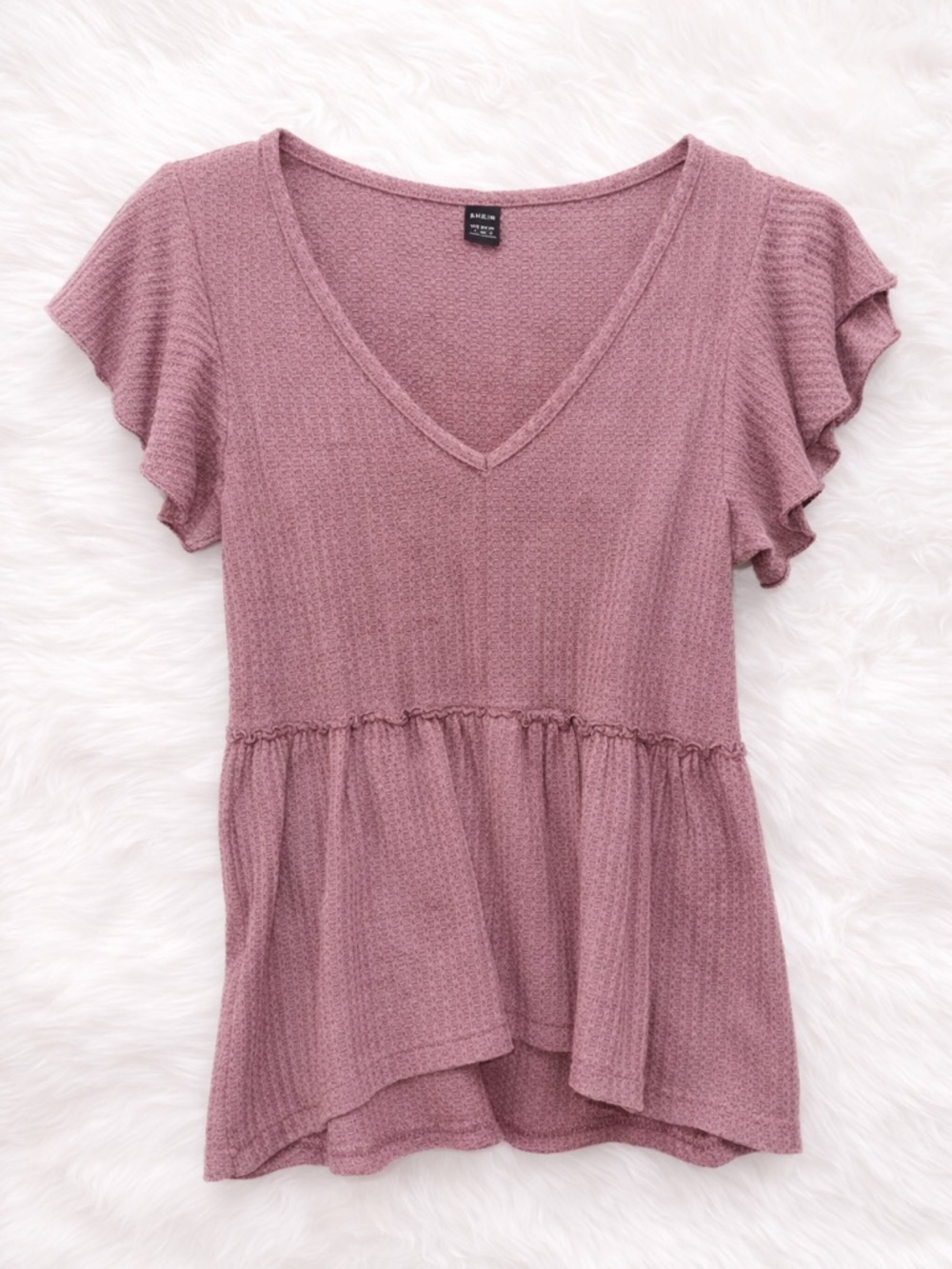 SHEIN Mauve Waffle Knit Peplum Top Small Flutter Sleeve V Neck Babydoll Blouse